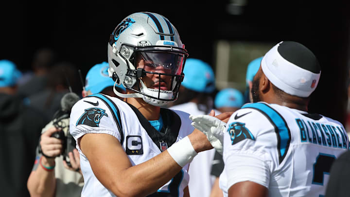 Dec 29, 2024; Tampa, Florida, USA; Carolina Panthers quarterback Bryce Young (9) and running back Raheem Blackshear (3) prior to the game against the Tampa Bay Buccaneers at Raymond James Stadium. Mandatory Credit: Kim Klement Neitzel-Imagn Images