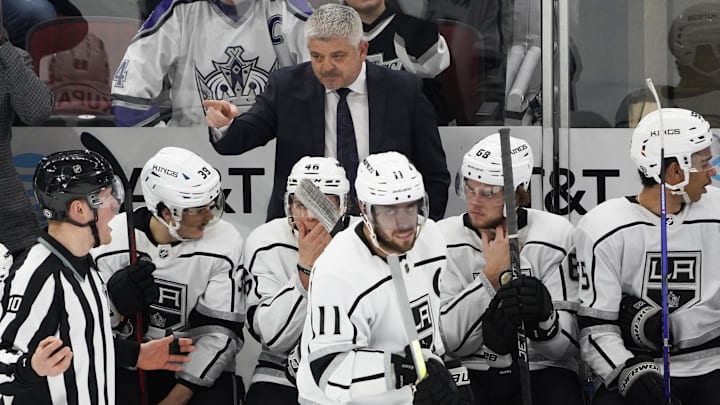 Jan 22, 2023; Chicago, Illinois, USA; Los Angeles Kings head coach Todd McLellan gestures to the referee after a penalty call during the third period at United Center. Mandatory Credit: David Banks-Imagn Images