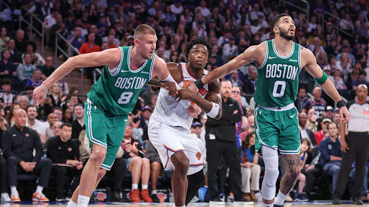 May 10, 2025; New York, New York, USA; Boston Celtics center Kristaps Porzingis (8), and forward Jayson Tatum (0) and New York Knicks forward OG Anunoby (8) during game three of the second round for the 2025 NBA Playoffs at Madison Square Garden. Mandatory Credit: Wendell Cruz-Imagn Images