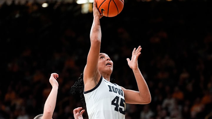 Iowa forward Hannah Stuelke (45) shoots against the Michigan State Spartans Jan. 18, 2026 at Carver-Hawkeye Arena in Iowa City, Iowa.