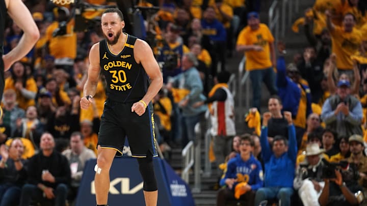 Golden State Warriors guard Stephen Curry (30) reacts after making a three-point basket against the Houston Rockets in the third quarter of game six of the first round for the 2025 NBA Playoffs at Chase Center. Mandatory Credit: Cary Edmondson-Imagn Images Golden State Warriors guard Stephen Curry (30) reacts after making a three-point basket against the Houston Rockets in the third quarter of game six of the first round for the 2025 NBA Playoffs at Chase Center. Mandatory Credit: Cary Edmondson-Imagn Images