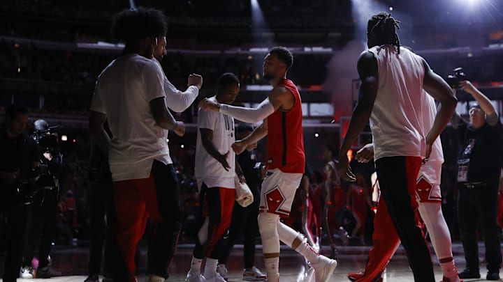 Chicago Bulls guard Zach LaVine (8) is introduced before a game at United Center. 