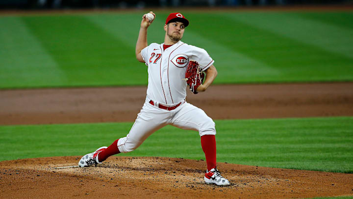 Cincinnati Reds starting pitcher Trevor Bauer (27) throws a pitch in the second inning of an MLB Interleague game between the Cincinnati Reds and the Chicago White Sox at Great American Ball Park in downtown Cincinnati on Saturday, Sept. 19, 2020