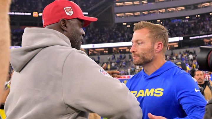 Nov 23, 2025; Inglewood, California, USA; Tampa Bay Buccaneers head coach Todd Bowles shakes hands with Los Angeles Rams head coach Sean McVay after the game at SoFi Stadium. Mandatory Credit: Jayne Kamin-Oncea-Imagn Images