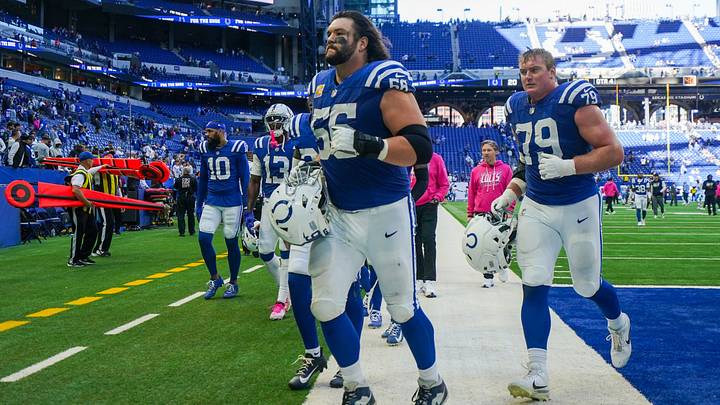 Indianapolis Colts guard Quenton Nelson (56) leads a group of players off the field Sunday, Oct. 18, 2026, following the game against the Tennessee Titans at Lucas Oil Stadium in Indianapolis. Indianapolis Colts guard Quenton Nelson (56) leads a group of players off the field Sunday, Oct. 18, 2026, following the game against the Tennessee Titans at Lucas Oil Stadium in Indianapolis.