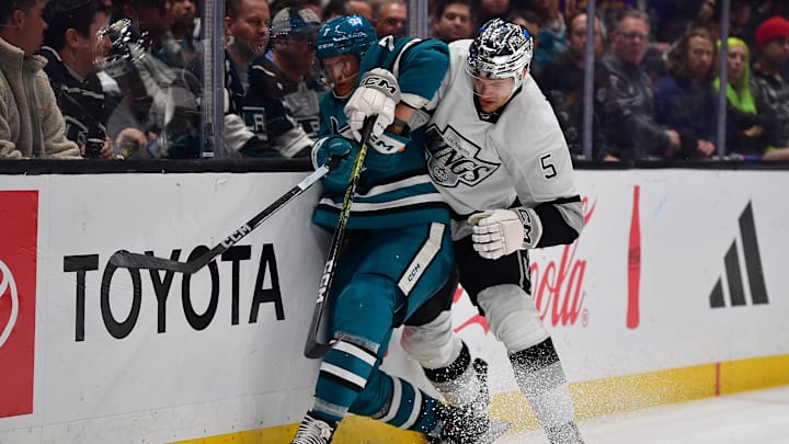 Jan 22, 2024; Los Angeles, California, USA; Los Angeles Kings defenseman Andreas Englund (5) plays