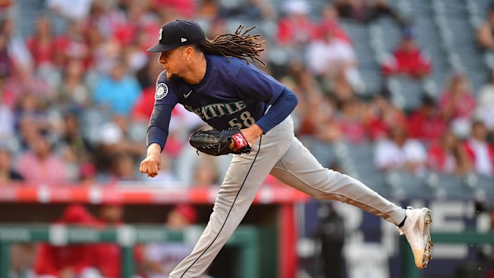 Seattle Mariners pitcher Luis Castillo (58) throws against the Los Angeles Angels during the second inning at Angel Stadium in 2024.