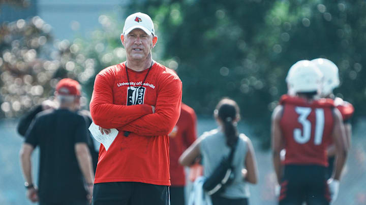 Louisville Cardinals head football coach Jeff Brohm at a morning practice Wednesday. July 30, 2025. The Cardinals' 2024 record: 9–4, 5–3 in the ACC.