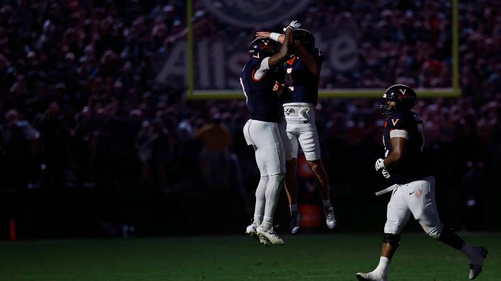 Sep 26, 2025; Charlottesville, Virginia, USA; Virginia Cavaliers quarterback Chandler Morris (4) celebrates with Cavaliers wide receiver Jayden Thomas (8) after throwing a touchdown pass against the Florida State Seminoles at Scott Stadium. Mandatory Credit: Geoff Burke-Imagn Images Sep 26, 2025; Charlottesville, Virginia, USA; Virginia Cavaliers quarterback Chandler Morris (4) celebrates with Cavaliers wide receiver Jayden Thomas (8) after throwing a touchdown pass against the Florida State Seminoles at Scott Stadium. Mandatory Credit: Geoff Burke-Imagn Images