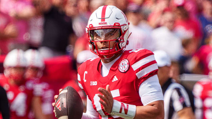 Sep 20, 2025; Lincoln, Nebraska, USA; Nebraska Cornhuskers quarterback Dylan Raiola (15) looks to pass against the Michigan Wolverines during the first quarter at Memorial Stadium. Mandatory Credit: Dylan Widger-Imagn Images