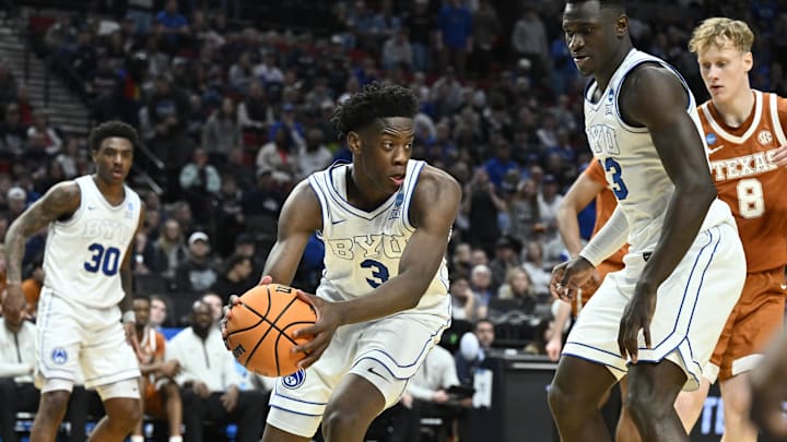 Mar 19, 2026; Portland, OR, USA; BYU Cougars forward AJ Dybantsa (3) grabs a loose ball in the second half against the Texas Longhorns during a first round game of the men's 2026 NCAA Tournament at Moda Center. Mandatory Credit: Craig Strobeck-Imagn Images Mar 19, 2026; Portland, OR, USA; BYU Cougars forward AJ Dybantsa (3) grabs a loose ball in the second half against the Texas Longhorns during a first round game of the men's 2026 NCAA Tournament at Moda Center. Mandatory Credit: Craig Strobeck-Imagn Images