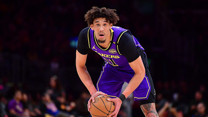 Feb 6, 2025; Los Angeles, California, USA; Los Angeles Lakers center Jaxson Hayes (11) controls the ball against the Golden State Warriors during the first half at Crypto.com Arena. Mandatory Credit: Gary A. Vasquez-Imagn Images