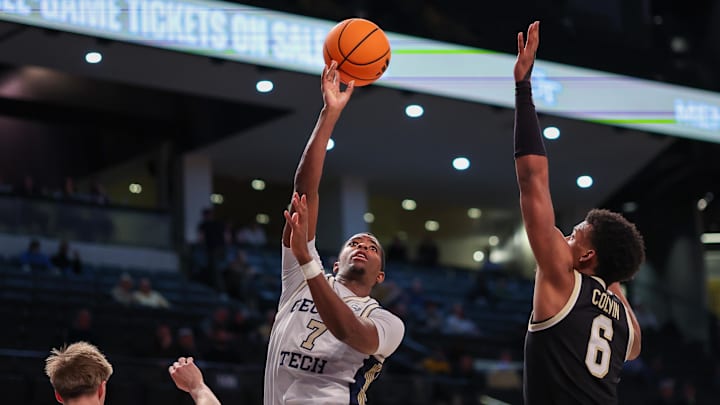 Feb 11, 2026; Atlanta, Georgia, USA; Georgia Tech Yellow Jackets guard Chas Kelley III (7) shoots against the Wake Forest Demon Deacons in the second quarter at McCamish Pavilion. Mandatory Credit: Brett Davis-Imagn Images