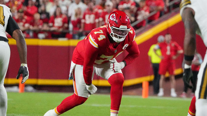 Oct 7, 2024; Kansas City, Missouri, USA; Kansas City Chiefs offensive tackle Jawaan Taylor (74) lines up against the New Orleans Saints during the game at GEHA Field at Arrowhead Stadium. Mandatory Credit: Denny Medley-Imagn Images