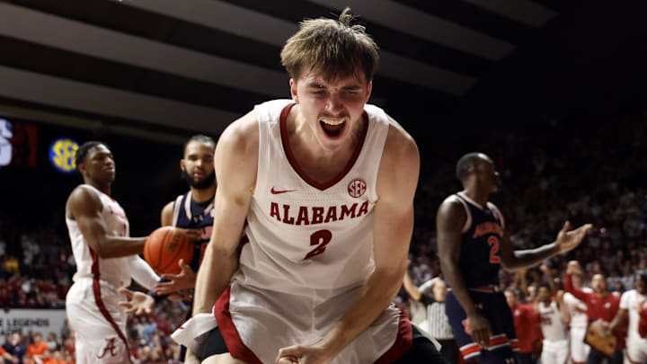 Jan 24, 2024; Tuscaloosa, Alabama, USA; Alabama Crimson Tide forward Grant Nelson (2) reacts after a