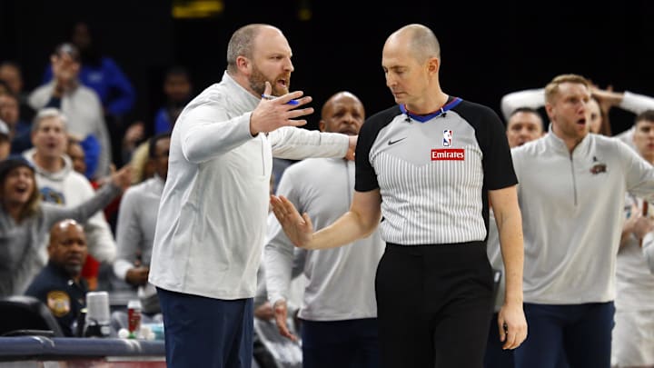 Jan 30, 2025; Memphis, Tennessee, USA; Memphis Grizzlies head coach Taylor Jenkins reacts toward an official during the fourth quarter against the Houston Rockets at FedExForum. Mandatory Credit: Petre Thomas-Imagn Images Jan 30, 2025; Memphis, Tennessee, USA; Memphis Grizzlies head coach Taylor Jenkins reacts toward an official during the fourth quarter against the Houston Rockets at FedExForum. Mandatory Credit: Petre Thomas-Imagn Images