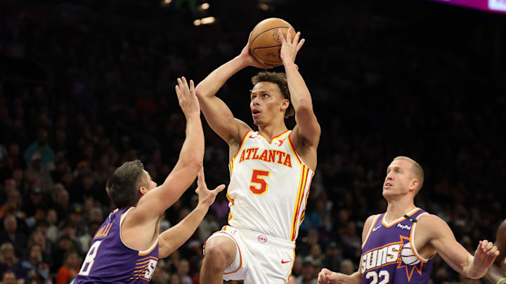Jan 9, 2025; Phoenix, Arizona, USA; Atlanta Hawks guard Dyson Daniels (5) against the Phoenix Suns in the second half at Footprint Center. Mandatory Credit: Mark J. Rebilas-Imagn Images Jan 9, 2025; Phoenix, Arizona, USA; Atlanta Hawks guard Dyson Daniels (5) against the Phoenix Suns in the second half at Footprint Center. Mandatory Credit: Mark J. Rebilas-Imagn Images