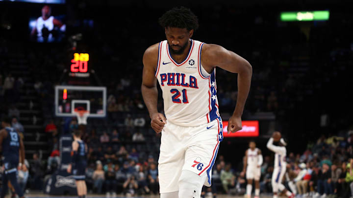 Philadelphia 76ers center Joel Embiid (21) limps to the bench during a time out during the second half against the Memphis Grizzlies at FedExForum. 