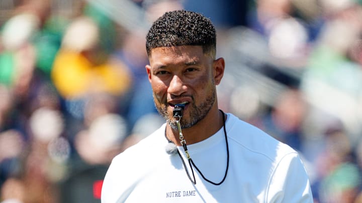Notre Dame head coach Marcus Freeman during the Blue-Gold spring game at Notre Dame Stadium on Saturday, April 25, 2026, in South Bend.