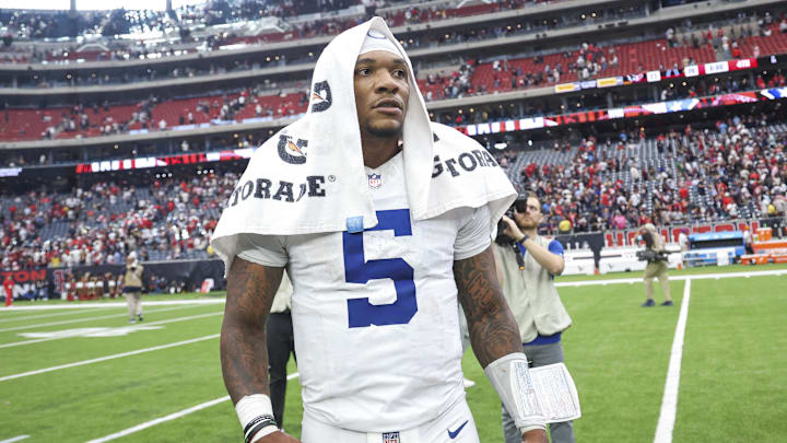 Oct 27, 2024; Houston, Texas, USA; Indianapolis Colts quarterback Anthony Richardson (5) stands on the field after the game against the Houston Texans at NRG Stadium. Mandatory Credit: Troy Taormina-Imagn Images