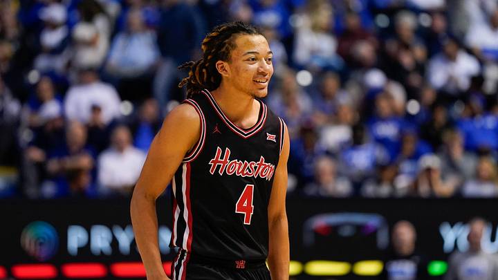 Feb 7, 2026; Provo, Utah, USA; Houston Cougars guard Kingston Flemings (4) reacts during the second half against the BYU Cougars at Marriott Center. Feb 7, 2026; Provo, Utah, USA; Houston Cougars guard Kingston Flemings (4) reacts during the second half against the BYU Cougars at Marriott Center.