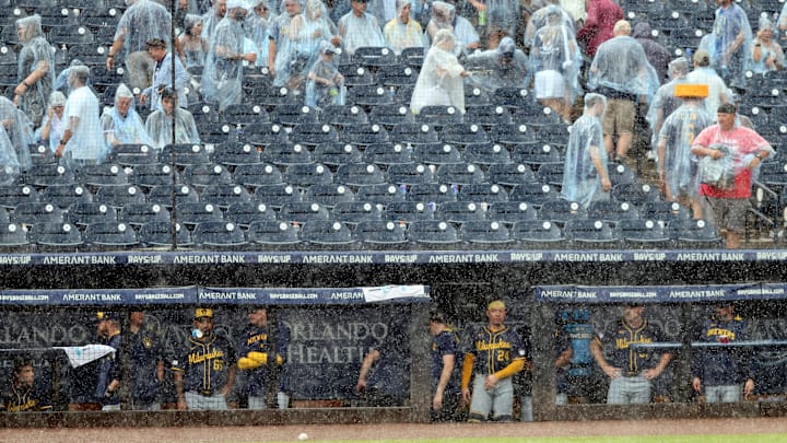 Milwaukee Brewers players wait out the first Tampa Bay rain delay on May 10 at Steinbrenner Field. The Rays have adjusted their June schedule. for weather.