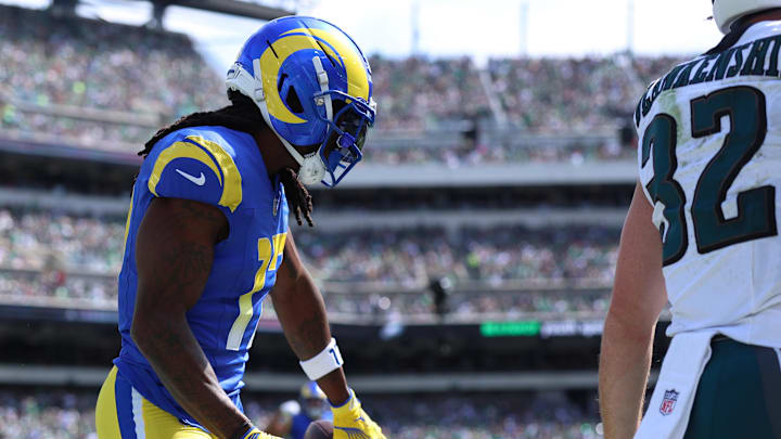 Sep 21, 2025; Philadelphia, Pennsylvania, USA; Los Angeles Rams wide receiver Davante Adams (17) reacts after a touchdown catch against the Philadelphia Eagles during the first half at Lincoln Financial Field. Mandatory Credit: Bill Streicher-Imagn Images Sep 21, 2025; Philadelphia, Pennsylvania, USA; Los Angeles Rams wide receiver Davante Adams (17) reacts after a touchdown catch against the Philadelphia Eagles during the first half at Lincoln Financial Field. Mandatory Credit: Bill Streicher-Imagn Images