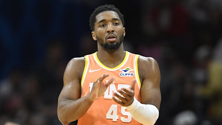 Jan 26, 2026; Cleveland, Ohio, USA; Cleveland Cavaliers guard Donovan Mitchell (45) stands on the court in the third quarter against the Orlando Magic at Rocket Arena. Mandatory Credit: David Richard-Imagn Images