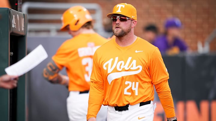 Tennessee coach Josh Elander heads back to the dugout during a college baseball game between Tennessee and LSU at Lindsey Nelson Stadium in Knoxville, Tennessee., on April 3, 2026.