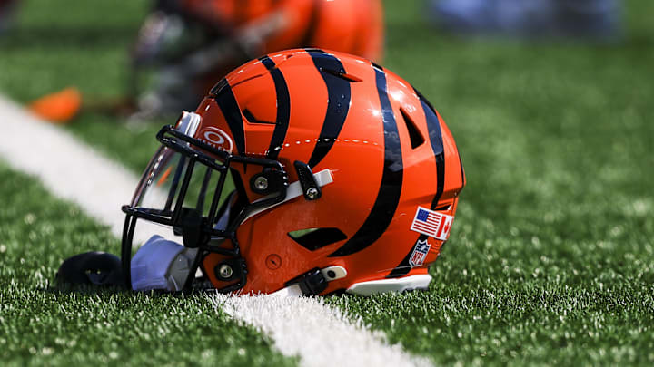 Sep 14, 2025; Cincinnati, Ohio, USA; A general view of the helmet of Cincinnati Bengals running back Chase Brown (30) during warmups before the game against the Jacksonville Jaguars at Paycor Stadium. Mandatory Credit: Katie Stratman-Imagn Images