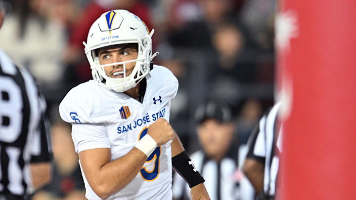 Sep 20, 2024; Pullman, Washington, USA; San Jose State Spartans quarterback Emmett Brown (9) celebrates a touchdown against the Washington State Cougars in the second half at Gesa Field at Martin Stadium. Mandatory Credit: James Snook-Imagn Images Sep 20, 2024; Pullman, Washington, USA; San Jose State Spartans quarterback Emmett Brown (9) celebrates a touchdown against the Washington State Cougars in the second half at Gesa Field at Martin Stadium. Mandatory Credit: James Snook-Imagn Images