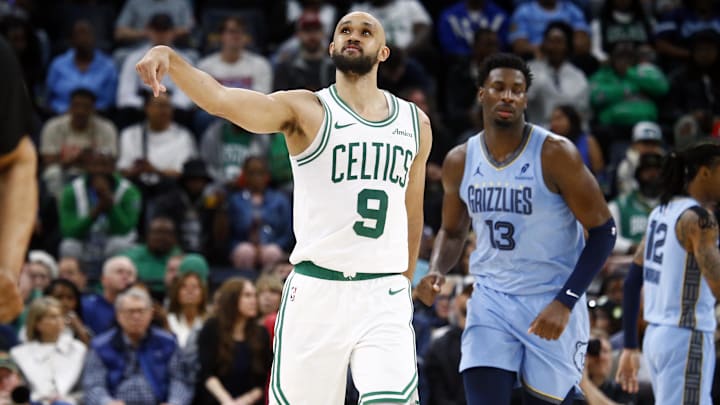 Mar 31, 2025; Memphis, Tennessee, USA; Boston Celtics guard Derrick White (9) reacts during the fourth quarter against the Memphis Grizzlies at FedExForum. Mandatory Credit: Petre Thomas-Imagn Images Mar 31, 2025; Memphis, Tennessee, USA; Boston Celtics guard Derrick White (9) reacts during the fourth quarter against the Memphis Grizzlies at FedExForum. Mandatory Credit: Petre Thomas-Imagn Images
