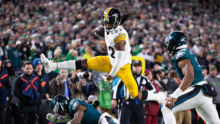 Dec 15, 2024; Philadelphia, Pennsylvania, USA; Pittsburgh Steelers running back Najee Harris (22) leaps over Philadelphia Eagles safety C.J. Gardner-Johnson (8) while running with the ball during the first quarter during the first quarter at Lincoln Financial Field. Mandatory Credit: Bill Streicher-Imagn Images Dec 15, 2024; Philadelphia, Pennsylvania, USA; Pittsburgh Steelers running back Najee Harris (22) leaps over Philadelphia Eagles safety C.J. Gardner-Johnson (8) while running with the ball during the first quarter during the first quarter at Lincoln Financial Field. Mandatory Credit: Bill Streicher-Imagn Images