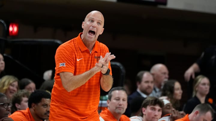 Oklahoma State coach Steve Lutz shouts during an NCAA basketball game between the Oklahoma State University Cowboys (OSU) and Oral Roberts at Gallagher-Iba Arena in Stillwater, Okla., Tuesday, Nov. 4, 2025.