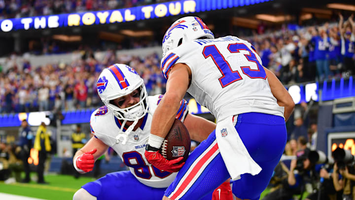 Dec 8, 2024; Inglewood, California, USA; Buffalo Bills wide receiver Mack Hollins (13) celebrates his touchdown scored against the Los Angeles Rams with tight end Dawson Knox (88) during the second half at SoFi Stadium.