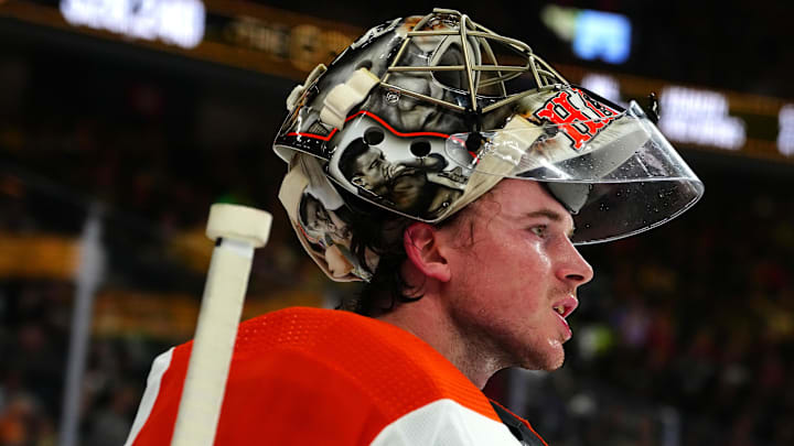 Oct 24, 2023; Las Vegas, Nevada, USA; Philadelphia Flyers goaltender Carter Hart (79) awaits a face off against the Vegas Golden Knights during the second period at T-Mobile Arena. Mandatory Credit: Stephen R. Sylvanie-Imagn Images