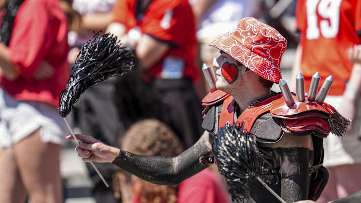 Apr 12, 2025; Athens, GA, USA; Georgia Bulldogs student fans in the spike squad section during the Georgia Spring game at Sanford Stadium. Mandatory Credit: Dale Zanine-Imagn Images