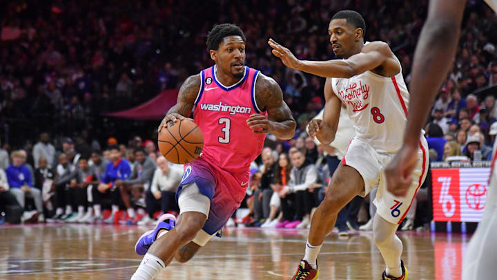Mar 12, 2023; Philadelphia, Pennsylvania, USA; Washington Wizards guard Bradley Beal (3) drives to the basket against Philadelphia 76ers guard De'Anthony Melton (8) during the third quarter at Wells Fargo Center. Mandatory Credit: Eric Hartline-Imagn Images