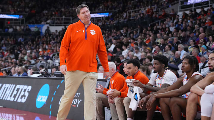 Mar 20, 2025; Providence, RI, USA; Clemson Tigers head coach Brad Brownell reacts during the first half against the McNeese State Cowboys at Amica Mutual Pavilion. Mandatory Credit: Gregory Fisher-Imagn Images