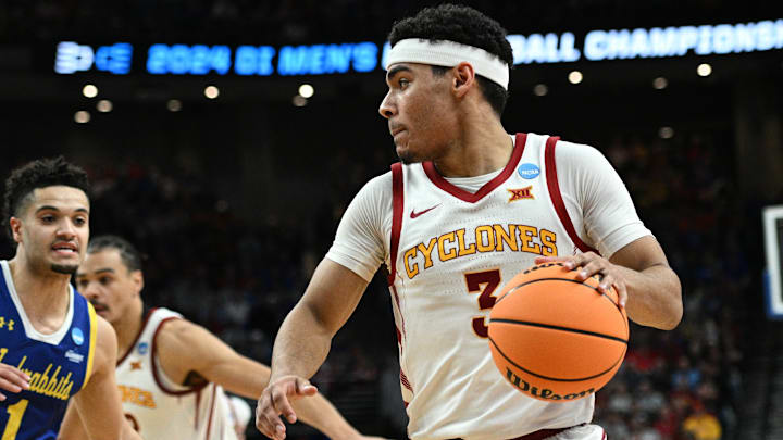 Mar 21, 2024; Omaha, NE, USA; Iowa State Cyclones guard Tamin Lipsey (3) controls the ball against