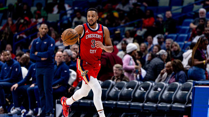 Feb 13, 2025; New Orleans, Louisiana, USA; New Orleans Pelicans guard CJ McCollum (3) brings the ball up court against the Sacramento Kings during the second half at Smoothie King Center. Mandatory Credit: Stephen Lew-Imagn Images