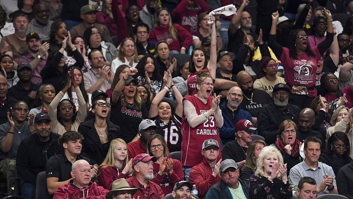 Fans cheer Sunday, March 8, 2026, during the SEC Women's Basketball Tournament Championship game between the South Carolina Gamecocks and the Texas Longhorns at Bon Secours Wellness Arena in Greenville, South Carolina.