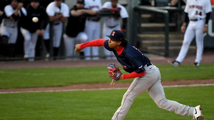 Salem's Jedixson Paez (17) pitches against the Shorebirds Tuesday, April 9, 2024, at Perdue Stadium in Salisbury, Maryland.
