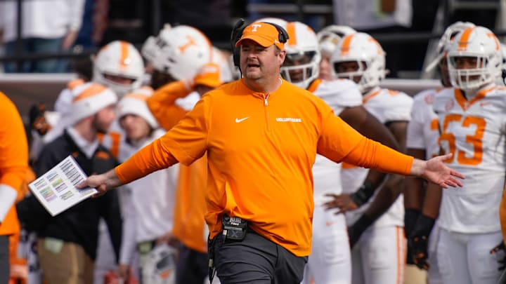 Tennessee head coach Josh Heupel disputes a call during the second quarter at FirstBank Stadium in Nashville, Tenn., Saturday, Nov. 30, 2024.