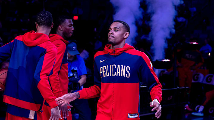 Jan 17, 2025; New Orleans, Louisiana, USA; New Orleans Pelicans guard Dejounte Murray (5) is announced to the crowd against the Utah Jazz  during the first half at Smoothie King Center. Mandatory Credit: Stephen Lew-Imagn Images