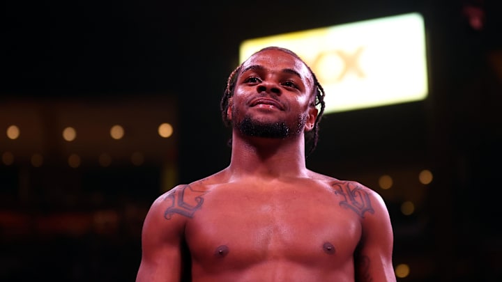Oct 29, 2022; Glendale, Arizona, USA; Ashton Sylve is introduced before fighting Braulio Rodriguez at Desert Diamond Arena. Mandatory Credit: Mark J. Rebilas-Imagn Images