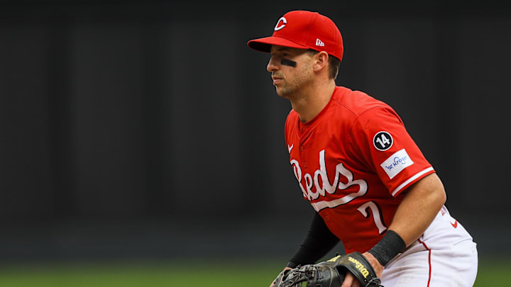 Sep 25, 2025; Cincinnati, Ohio, USA; Cincinnati Reds first baseman Spencer Steer (7) prepares for the pitch in the eighth inning against the Pittsburgh Pirates at Great American Ball Park. Mandatory Credit: Katie Stratman-Imagn Images Sep 25, 2025; Cincinnati, Ohio, USA; Cincinnati Reds first baseman Spencer Steer (7) prepares for the pitch in the eighth inning against the Pittsburgh Pirates at Great American Ball Park. Mandatory Credit: Katie Stratman-Imagn Images