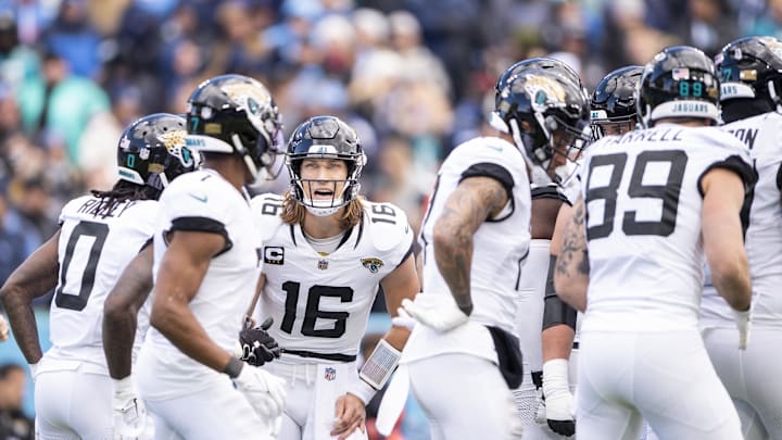 Jan 7, 2024; Nashville, Tennessee, USA;  Jacksonville Jaguars quarterback Trevor Lawrence (16) calls the play to the huddle against the Tennessee Titans during the first half at Nissan Stadium. Mandatory Credit: Steve Roberts-USA TODAY Sports
