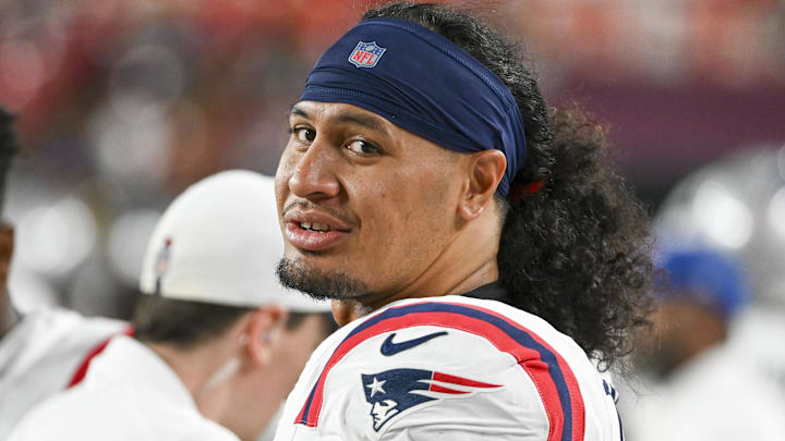 Aug 25, 2024; Landover, Maryland, USA;  New England Patriots linebacker Jahlani Tavai (48) during the first half against the Washington Commanders at Commanders Field. Mandatory Credit: Tommy Gilligan-Imagn Images