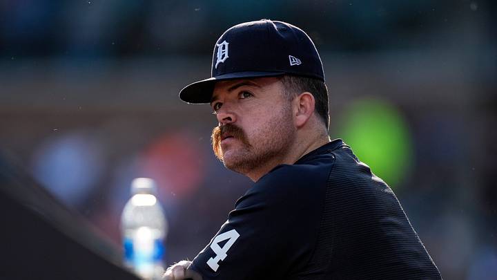Detroit Tigers catcher Jake Rogers (34) watches a play from the dugout against Los Angeles Angels during the first inning at Comerica Park in Detroit on Wednesday, May 27, 2026. Detroit Tigers catcher Jake Rogers (34) watches a play from the dugout against Los Angeles Angels during the first inning at Comerica Park in Detroit on Wednesday, May 27, 2026.